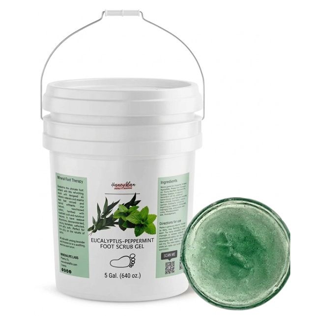 White bucket of Eucalyptus-Peppermint Foot Scrub Gel with a sample on a white background