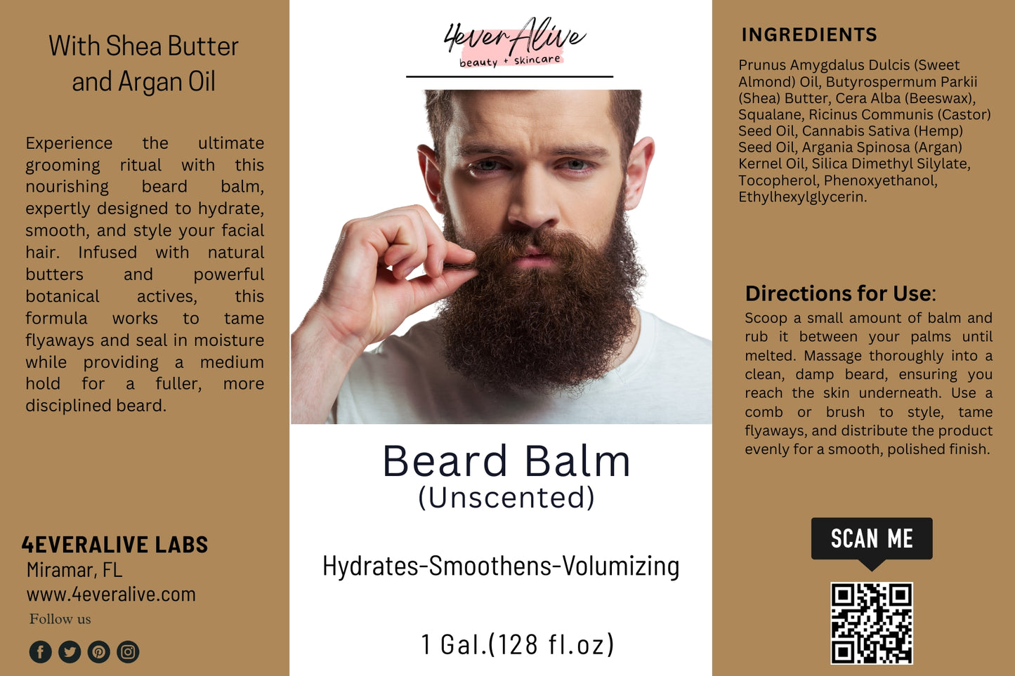 Advertisement for 4EverAlive Labs beard balm with a man holding his beard, product details, and QR code.