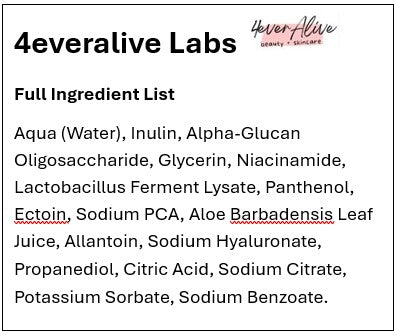 Full ingredient list of a prebiotic mist by 4everalive Labs on a white background.