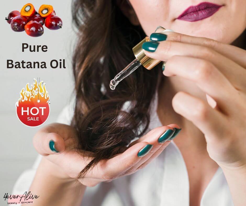 Pure Batana Oil being applied to hair, showcasing its benefits for hair care in a promotional image.