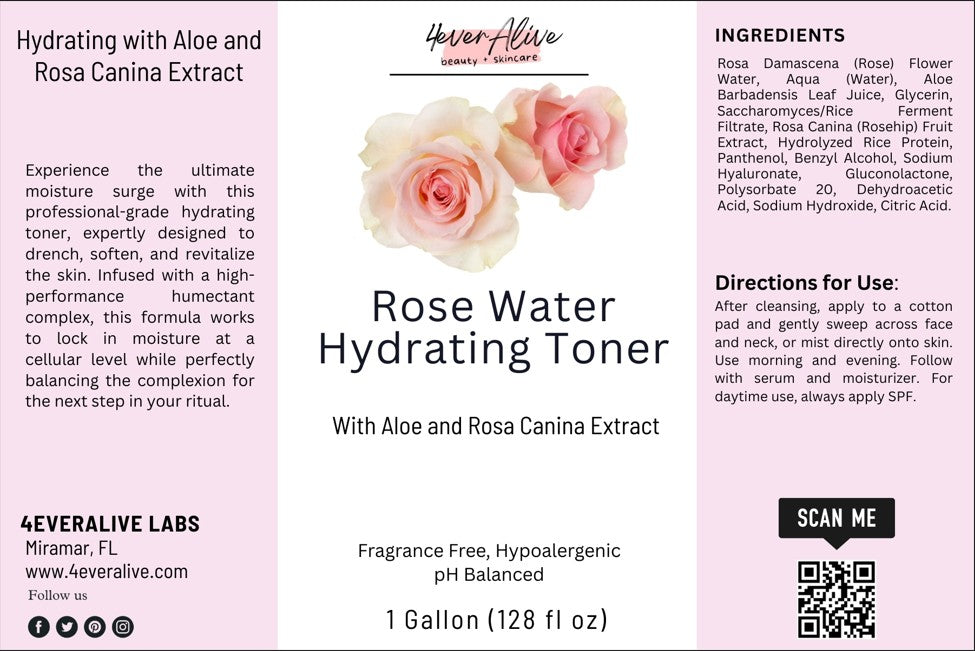 Rose Water Hydrating Toner label with floral design and product details.