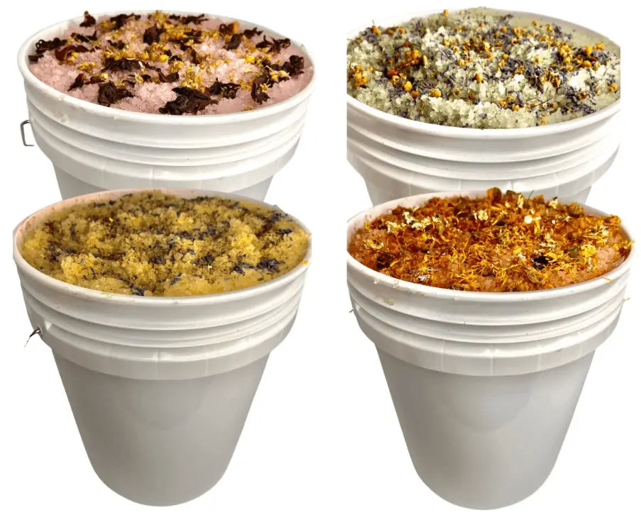 Bulk Bath Salts for Spas & Salons in buckets, showcasing colorful mineral salts with botanicals enhance spa experiences.