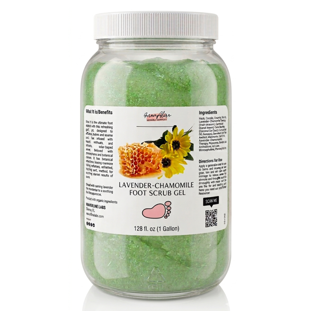 1 Gallon Jar of lavender chamomile foot scrub gel with a white label on a white background