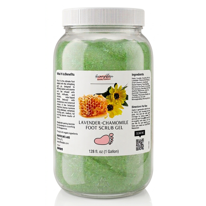 1 Gallon Jar of lavender chamomile foot scrub gel with a white label on a white background