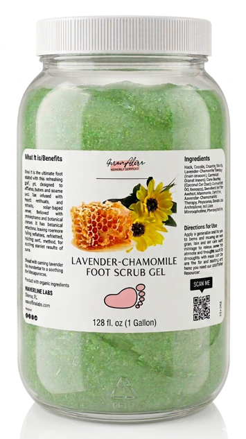1 Gallon Jar of lavender chamomile foot scrub gel with a white label on a white background