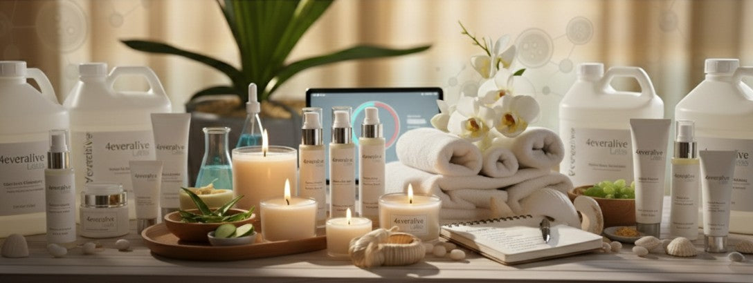 Cosmetic products including bottles, candles, and towels on a wooden surface with a blurred background.