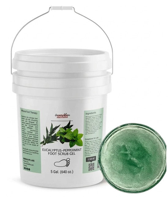 White bucket of Eucalyptus-Peppermint Foot Scrub Gel with a sample on a white background