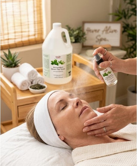 Person receiving a facial treatment with a bottle of Antioxidant Toner from 4everalive Labs
