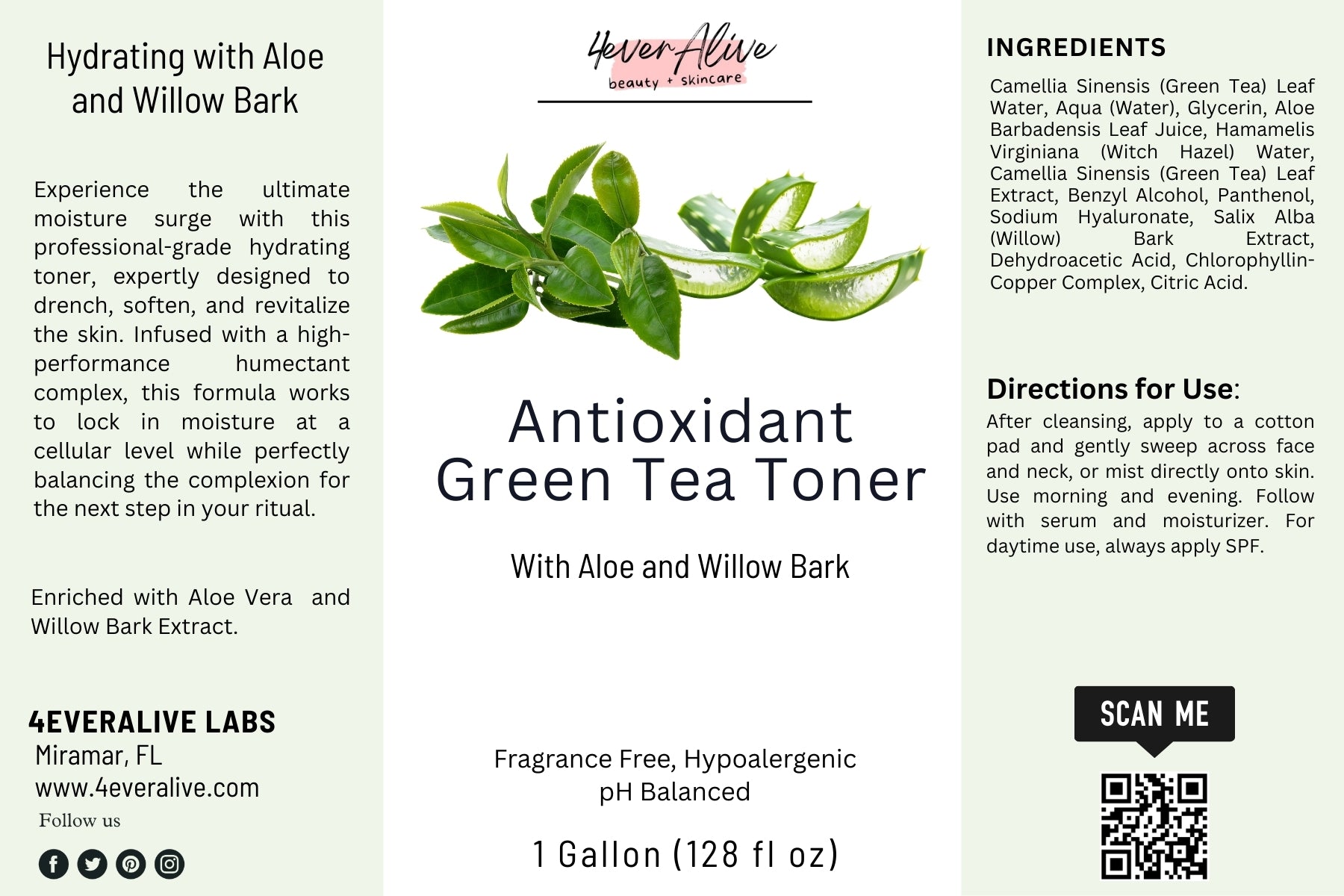 Antioxidant Green Tea Toner label with green tea leaves and branding details.