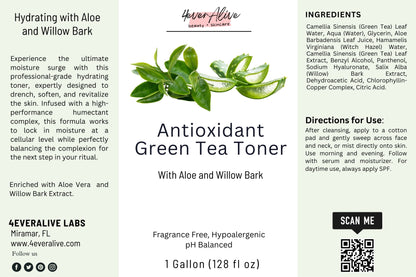 Antioxidant Green Tea Toner label with green tea leaves and branding details.