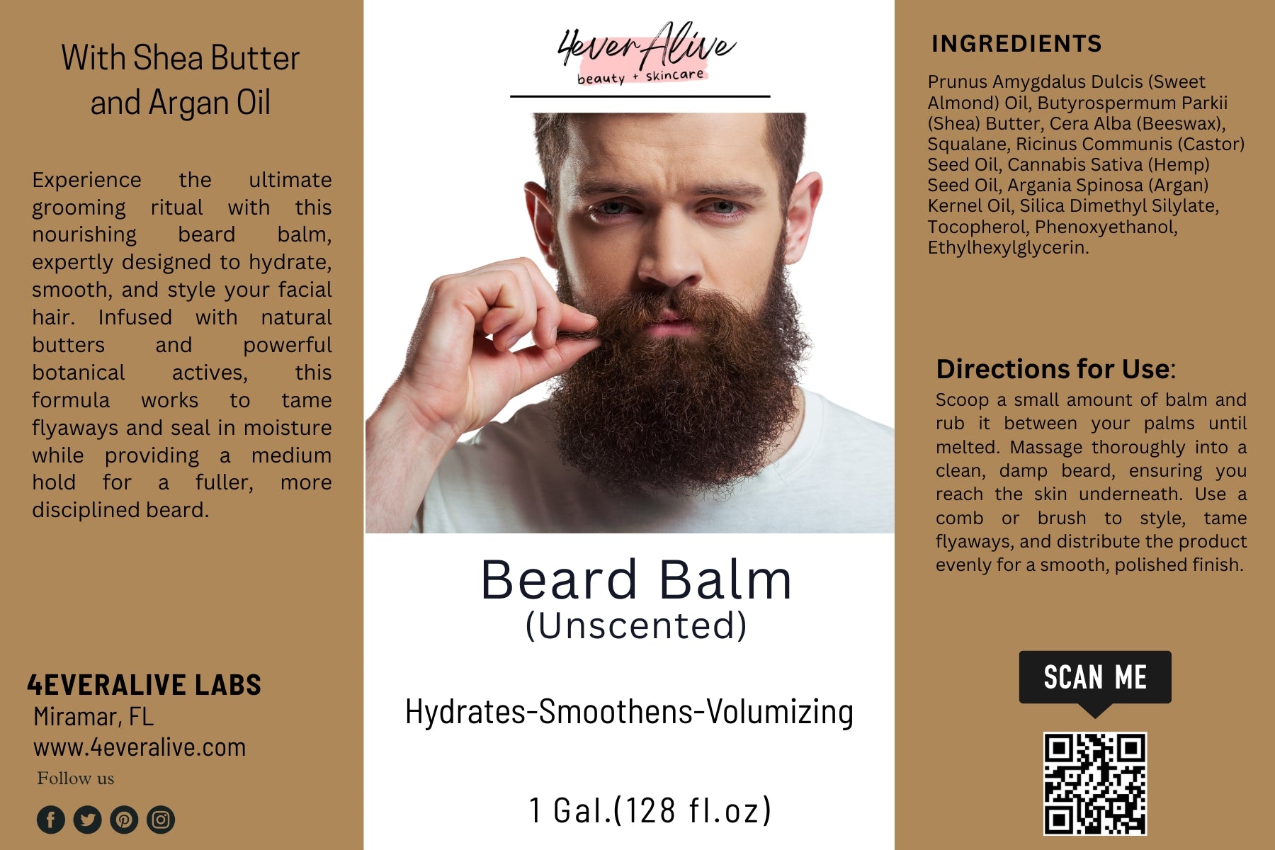 Advertisement for 4EverAlive Labs beard balm with a man holding his beard, product details, and QR code.