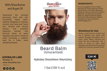 Advertisement for 4EverAlive Labs beard balm with a man holding his beard, product details, and QR code.