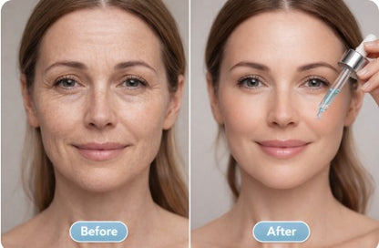 Before and after comparison of a woman's face with multi peptide serum from 4everalive Labs