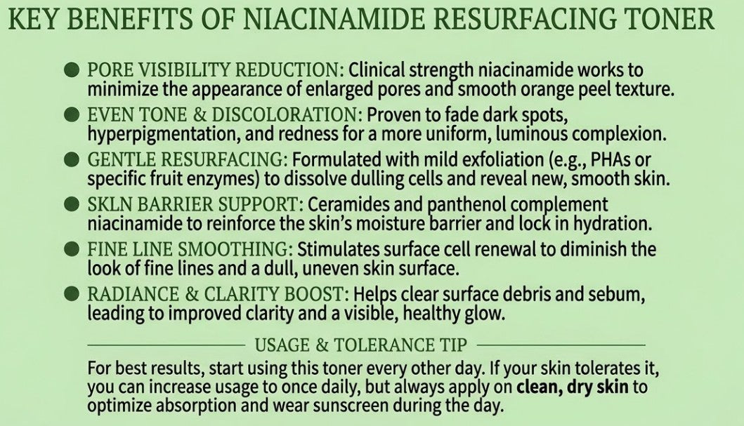 Text detailing the key benefits of niacinamide resurfacing toner on a green background