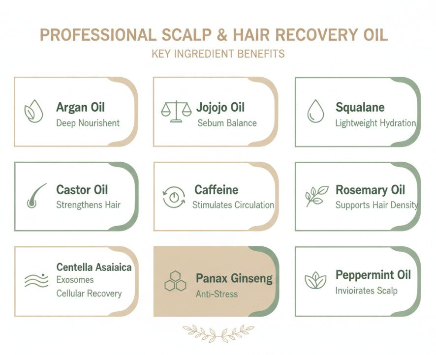 List of key ingredients for a professional scalp and hair recovery oil with their benefits.