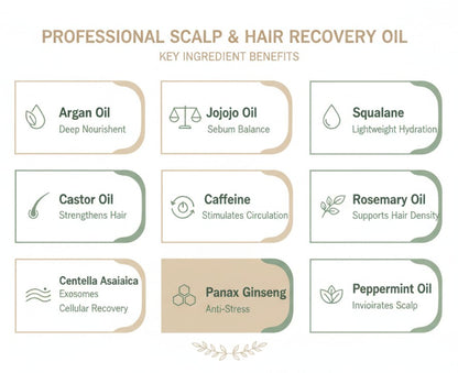 List of key ingredients for a professional scalp and hair recovery oil with their benefits.