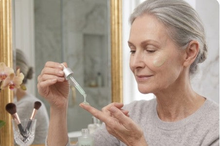 Woman applying Bio-Active Peptide & Antioxidant Repair Complex Serum in front of a mirror