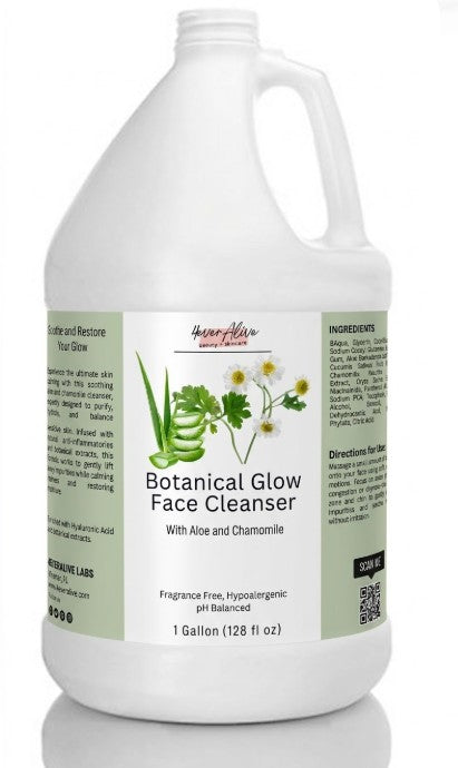 Gallon container of Botanical Glow Face Cleanser with aloe and chamomile on a white background