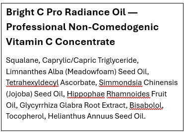 List of ingredients for Bright C Pro Radiance Oil from 4everalive Labs