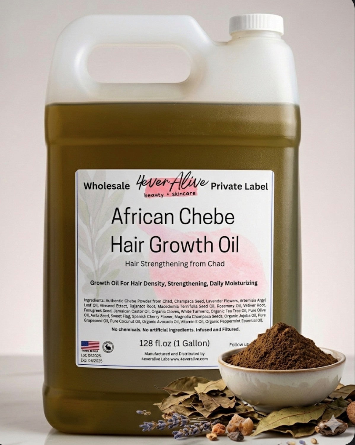 African Chebe Hair Growth Oil container with a label, powder, and herbs on a light background