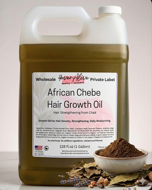 African Chebe Hair Growth Oil container with a label, powder, and herbs on a light background