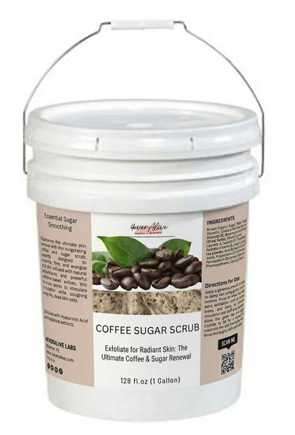 White bucket of coffee sugar scrub with label by 4everalive Labs