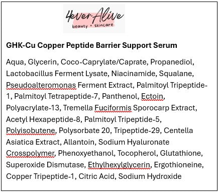 List of ingredients for a GHK-Cu Copper Peptide Barrier Support Serum with 'Never Alive' branding.