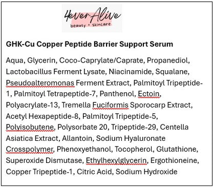 List of ingredients for a GHK-Cu Copper Peptide Barrier Support Serum with 'Never Alive' branding.