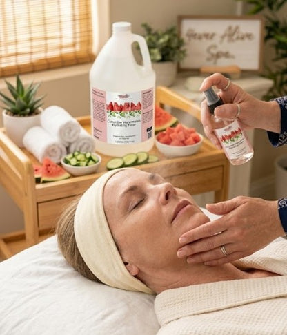 Woman receiving facial treatment with a bottle of facial toner in a spa setting.