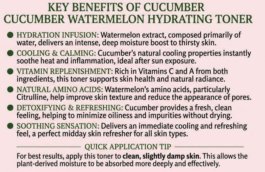 Text detailing the key benefits of cucumber watermelon hydrating toner