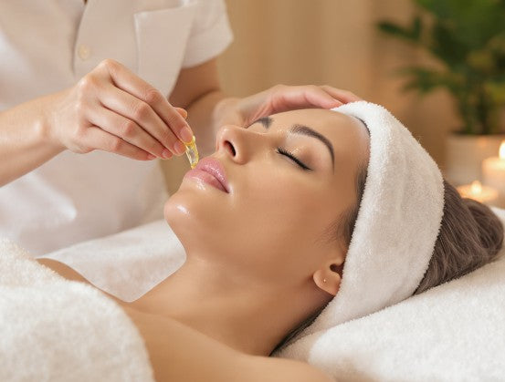 Woman receiving a facial treatment with dermaplaning oil