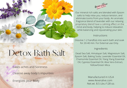 Detox bath salt packaging with floral elements and product details.