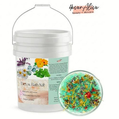 Detox bath salt with floral elements in a white bucket labeled 'Never Alive'.