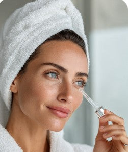 Woman applying eye serum with a towel on her head in a bathroom setting