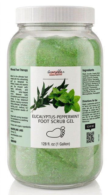 Jar of Eucalyptus-Peppermint Foot Scrub Gel with label on a white background