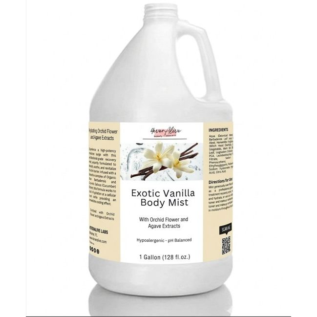 Gallon container of Exotic Vanilla Body Mist with label on a white background