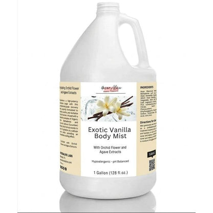 Gallon container of Exotic Vanilla Body Mist with label on a white background