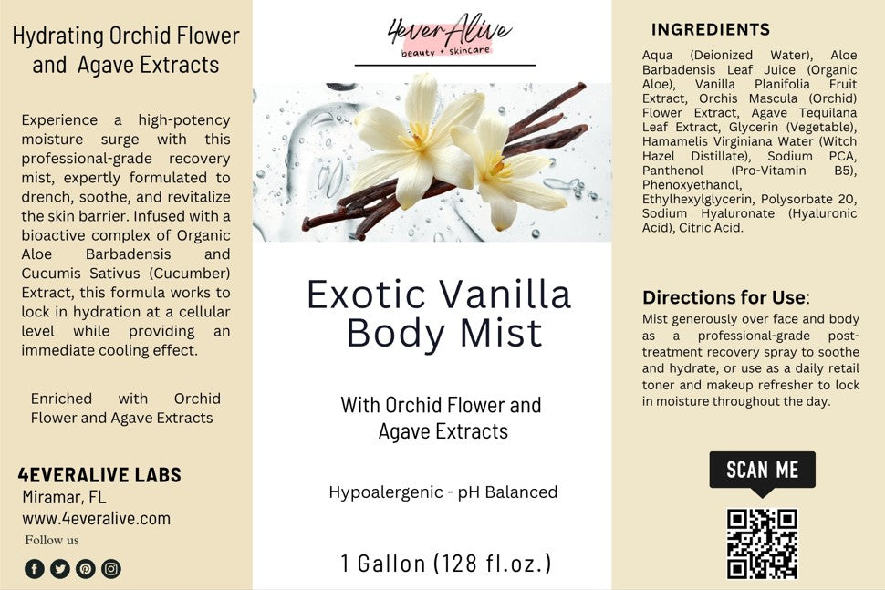 Exotic Vanilla Body Mist label with product details and ingredients.