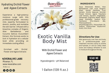 Exotic Vanilla Body Mist label with product details and ingredients.