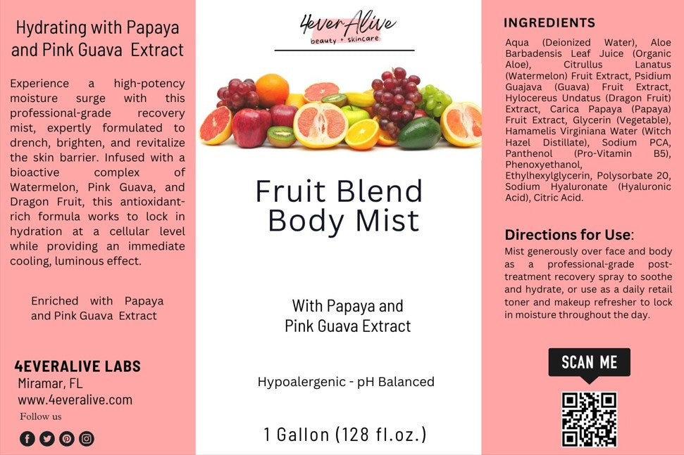 Fruit Blend Body Mist label with ingredients and directions on a pink background