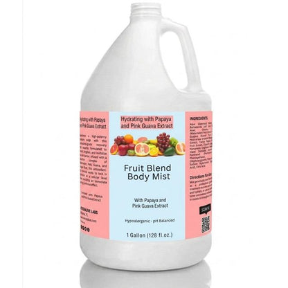 Gallon container of Fruit Blend Body Mist with papaya and pink guava extract on a white background