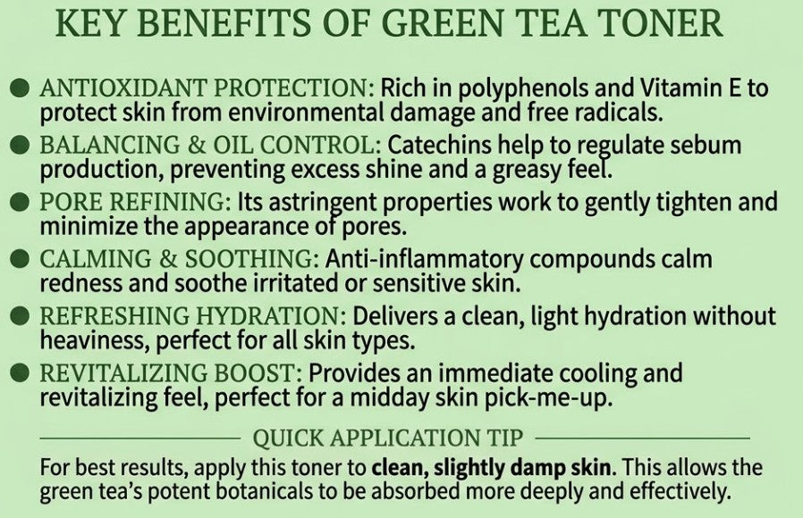 List of key benefits of green tea toner 4everalive Labs