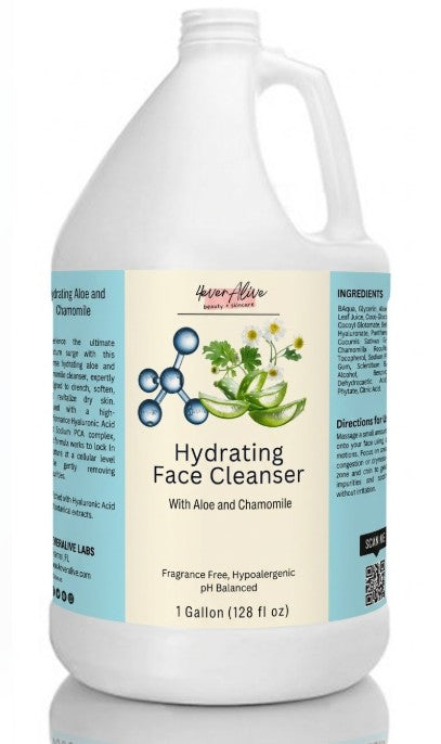 Gallon container of hydrating face cleanser with a label on a white background