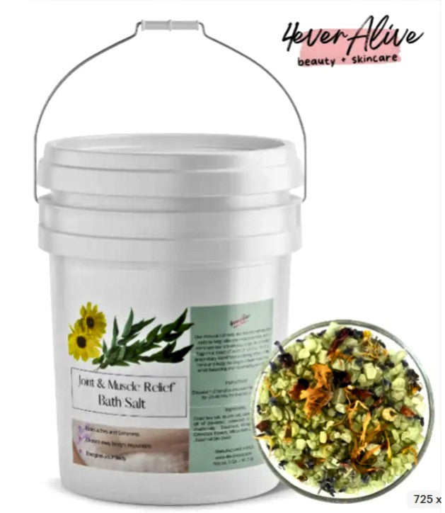 Bucket of 'Joint & Muscle Relief' bath salt with a close-up inset, branded as 'Never Alive'.