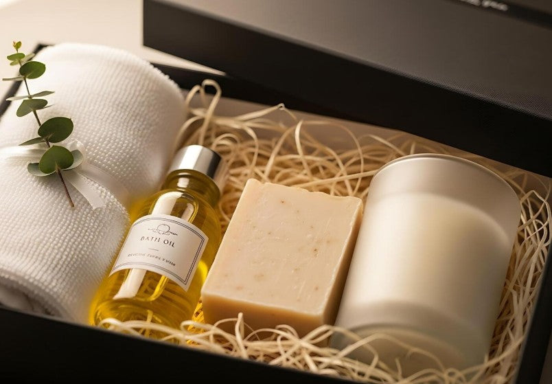 Bath oil, soap, and candle in a decorative box with a white towel and eucalyptus leaf.