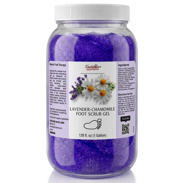 Jar of lavender-chamomile foot scrub gel with a white lid on a white background