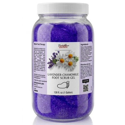 Jar of lavender-chamomile foot scrub gel with a white lid on a white background