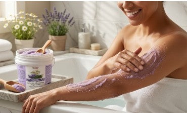 Woman applying lavender body scrub to her arm in a bathroom setting.