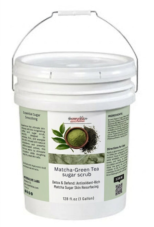 Matcha green tea sugar scrub with label on a white background by 4everalive Labs