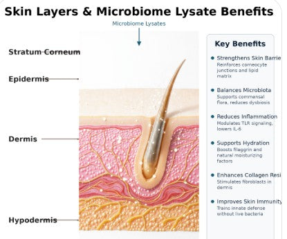 Diagram of skin layers with a focus on the epidermis and key benefits of Microbiome Lysate treatment.